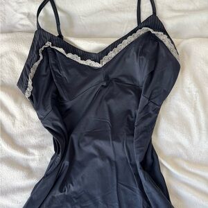 Elegant Navy Satin Nightgown Mini Dress Lace Trim